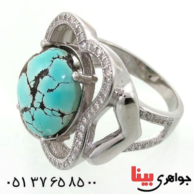 انگشتر فیروزه نیشابوری شجری زنانه رودیوم لوکس با شکوه مدل هیوا _کد:12563