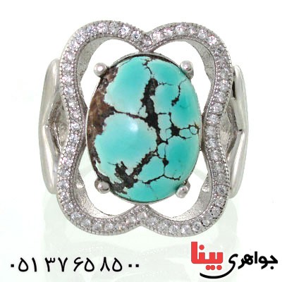 انگشتر فیروزه نیشابوری شجری زنانه رودیوم لوکس با شکوه مدل هیوا _کد:12563