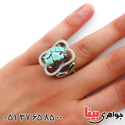 انگشتر فیروزه نیشابوری شجری زنانه رودیوم لوکس با شکوه مدل هیوا _کد:12563
