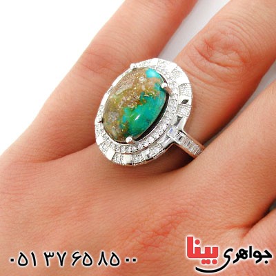 انگشتر فیروزه نیشابوری شجری زنانه رودیوم لوکس با شکوه مدل سمن _کد:12567