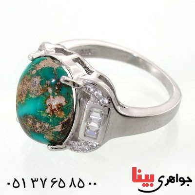 انگشتر فیروزه نیشابوری شجری زنانه رودیوم لوکس با شکوه مدل مهتا _کد:12570