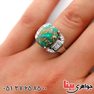 انگشتر فیروزه نیشابوری شجری زنانه رودیوم لوکس با شکوه مدل مهتا _کد:12570