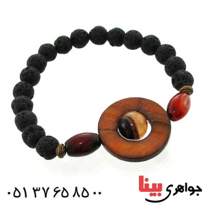 دستبند عقیق ، چوب و سنگ آتشفشان _کد:12602