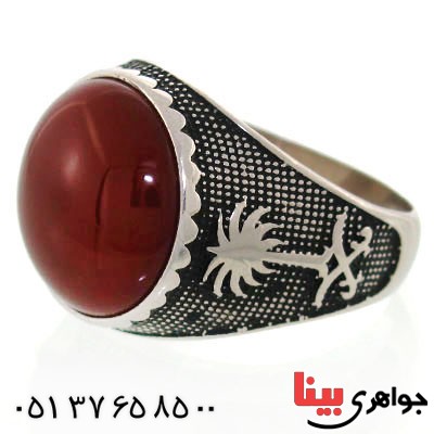 انگشتر عقیق قرمز مردانه طرح نخل و شمشیر سیاه قلم _کد:12604