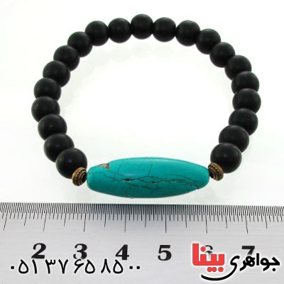 دستبند فیروزه تبتی و عقیق سیاه (انیکس) مات _کد:12619