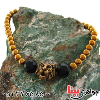 دستبند حدید با روکش طلایی و عقیق سیاه (انیکس) طرح شیر _کد:12640