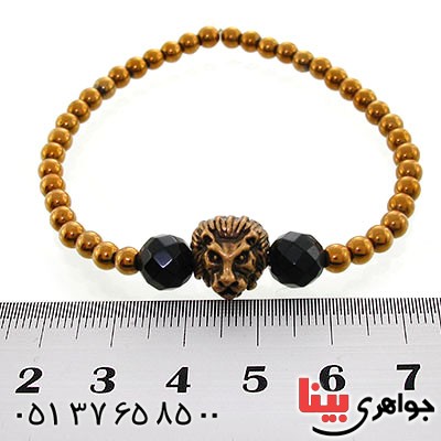 دستبند حدید با روکش طلایی و عقیق سیاه (انیکس) طرح شیر _کد:12640
