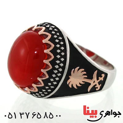 انگشتر عقیق قرمز مردانه طرح نخل و شمشیر سیاه قلم _کد:12652
