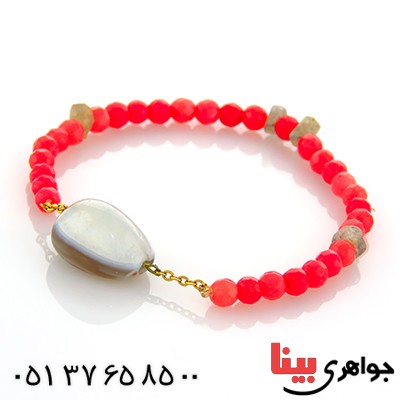 دستبند جید صورتی تراشدار و عقیق باباقوری _کد:12935