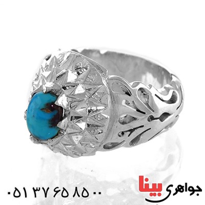 انگشتر فیروزه نیشابوری مردانه فاخر آینه کاری سنگین _کد:12957