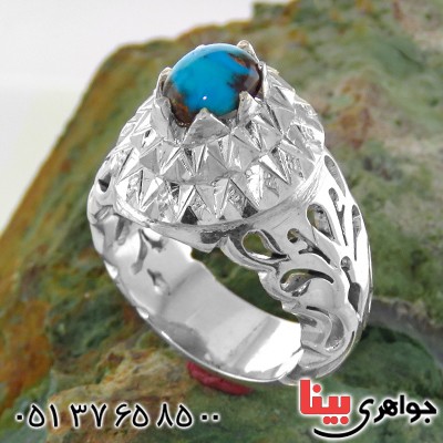 انگشتر فیروزه نیشابوری مردانه فاخر آینه کاری سنگین _کد:12957