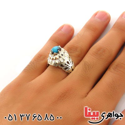 انگشتر فیروزه نیشابوری مردانه فاخر آینه کاری سنگین _کد:12957