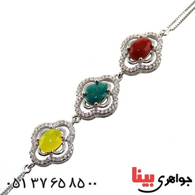 دستبند چند جواهر فیروزه نیشابوری و عقیق میکروستینگ زنانه_کد:12972