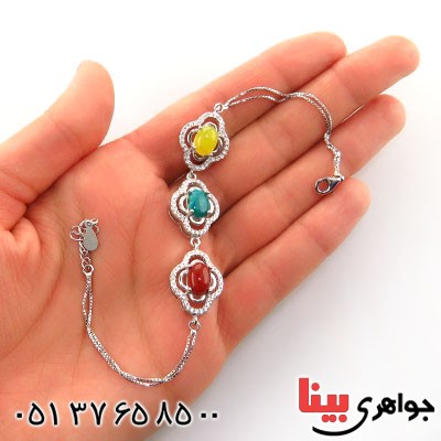 دستبند چند جواهر فیروزه نیشابوری و عقیق میکروستینگ زنانه_کد:12972