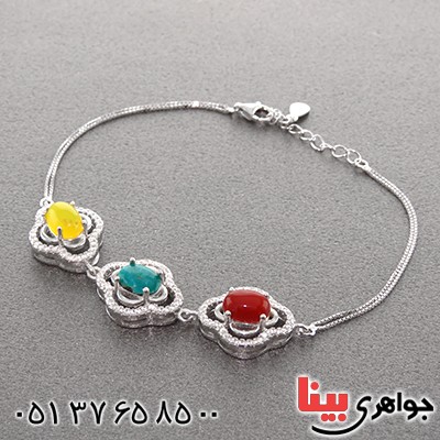 دستبند چند جواهر فیروزه نیشابوری و عقیق میکروستینگ زنانه_کد:12972