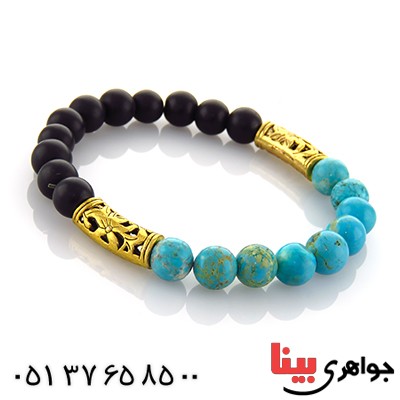 دستبند عقیق سیاه (اونیکس) مات و فیروزه تبتی _کد:12982
