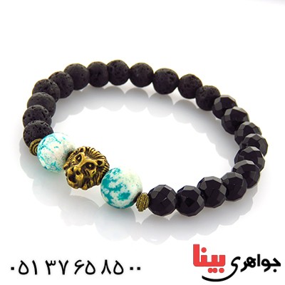 دستبند عقیق سیاه (اونیکس) تراشدار و فیروزه تبتی طرح شیر _کد:12999
