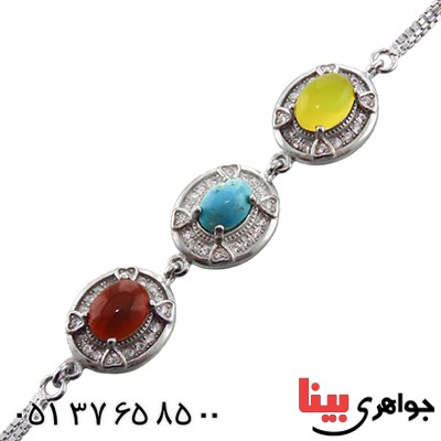 دستبند چند جواهر فیروزه نیشابوری و عقیق زنانه میکروستینگ _کد:13000
