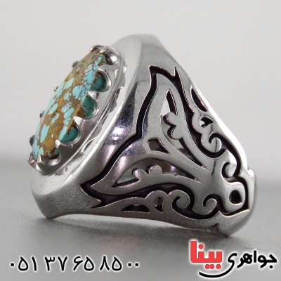 انگشتر فیروزه نیشابوری مردانه درشت مدل سلجوقی طرح سردار _کد:1800