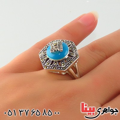 انگشتر حدید مارکازیت و طرح فیروزه زنانه درشت درجه یک _کد:13129