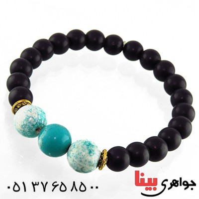 دستبند عقیق سیاه (اونیکس) مات و فیروزه تبتی _کد:13150