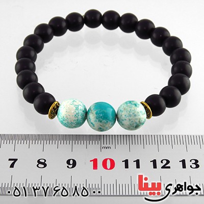 دستبند عقیق سیاه (اونیکس) مات و فیروزه تبتی _کد:13150