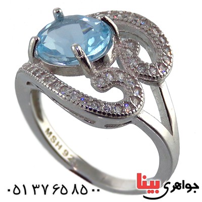 انگشتر توپاز آبی زنانه رودیوم مدل قلب _کد:13163