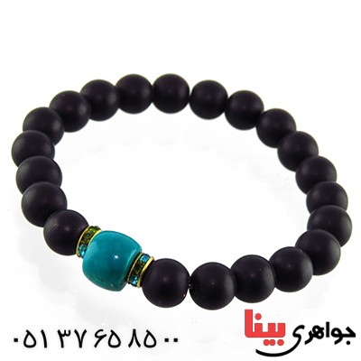 دستبند عقیق سیاه (اونیکس) مات و فیروزه تبتی _کد:13165