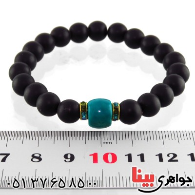 دستبند عقیق سیاه (اونیکس) مات و فیروزه تبتی _کد:13165