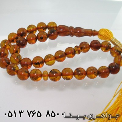 تسبیح کهربا حشره ای عسلی رنگ
