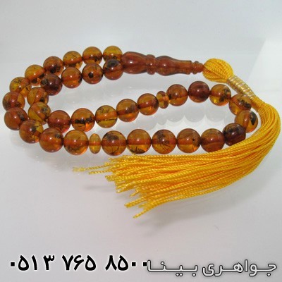 تسبیح کهربا حشره ای عسلی رنگ