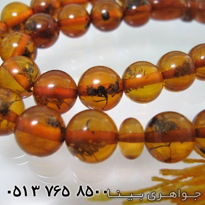 تسبیح کهربا حشره ای عسلی رنگ