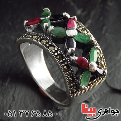 انگشتر چند جواهر یاقوت و زمرد درجه یک زنانه درشت فاخر _کد:13255