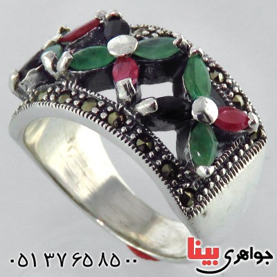 انگشتر چند جواهر یاقوت و زمرد درجه یک زنانه درشت فاخر _کد:13255