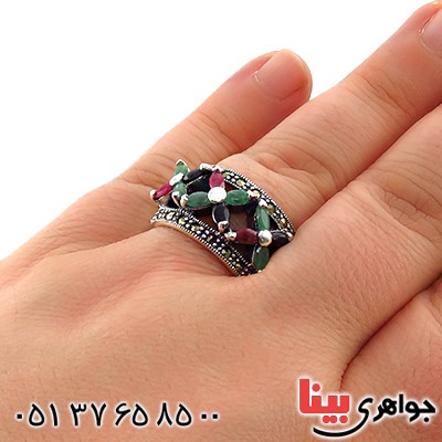 انگشتر چند جواهر یاقوت و زمرد درجه یک زنانه درشت فاخر _کد:13255