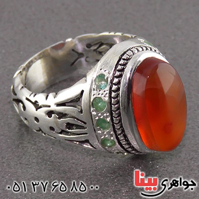 انگشتر عقیق یمنی دور زمرد درشت مردانه اسلیمی _کد:1824