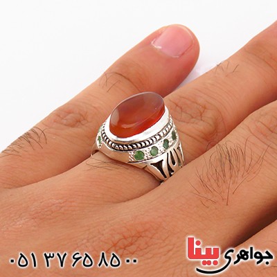 انگشتر عقیق یمنی دور زمرد درشت مردانه اسلیمی _کد:1824