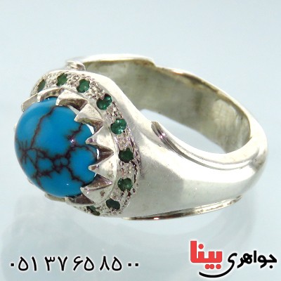 انگشتر فیروزه شجری دور زمرد درشت مردانه _کد:1825