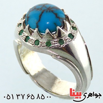 انگشتر فیروزه شجری دور زمرد درشت مردانه _کد:1825