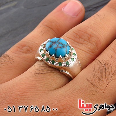 انگشتر فیروزه شجری دور زمرد درشت مردانه _کد:1825