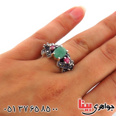 انگشتر چند جواهر زمرد و یاقوت زنانه درجه یک درشت فاخر _کد:13316