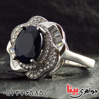انگشتر یاقوت کبود زنانه رودیوم مدل گلبرگ _کد:13325