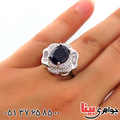 انگشتر یاقوت کبود زنانه رودیوم مدل گلبرگ _کد:13325