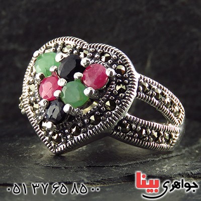انگشتر چند جواهر یاقوت و زمرد درجه یک زنانه مدل قلب _کد:13337