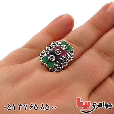 انگشتر چند جواهر یاقوت و زمرد درجه یک درشت فاخر _کد:13340