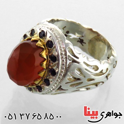 انگشتر عقیق یمنی تراش گنبدی درشت دور یاقوت مردانه فاخر _کد:1833