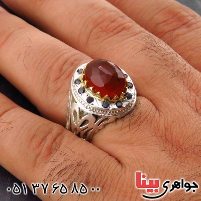 انگشتر عقیق یمنی تراش گنبدی درشت دور یاقوت مردانه فاخر _کد:1833