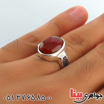 انگشتر عقیق قرمز خراسانی مردانه با حرز امام جواد و تربت کربلا_کد:13430