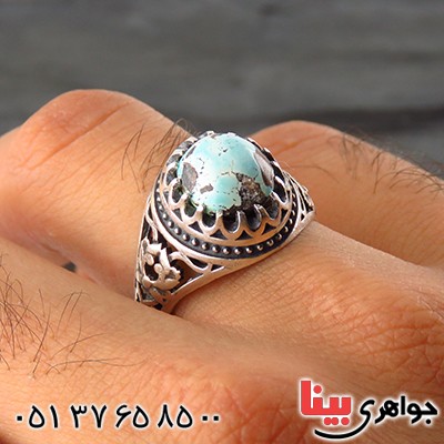 انگشتر فیروزه نیشابوری شجری مردانه اسلیمی خوش نقش _کد:13432