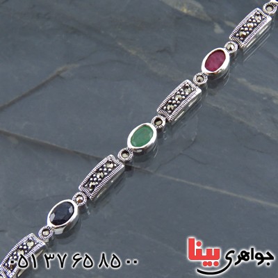 دستبند چند جواهر یاقوت و زمرد زنانه سنگین درجه یک _کد:13519